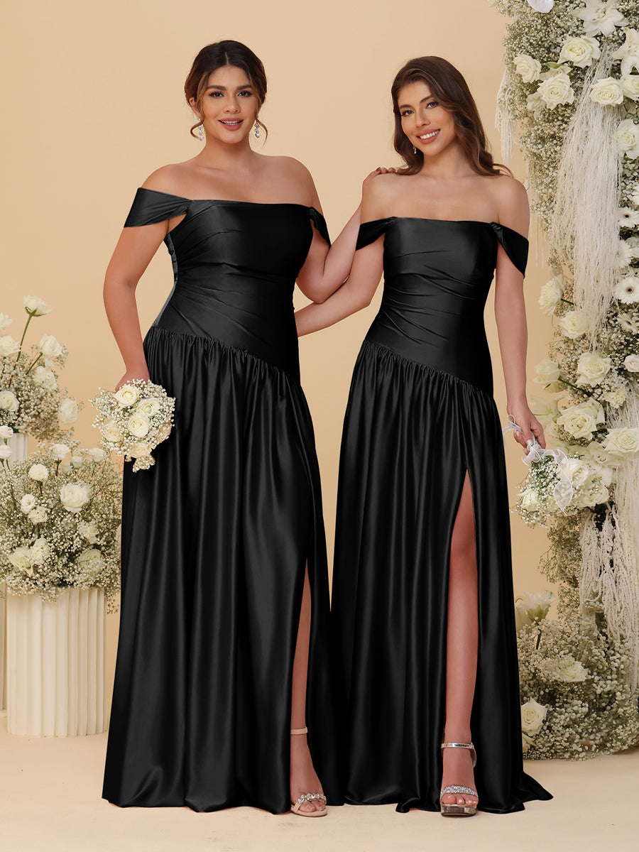 A-Line/Princess Off-the-Shoulder Ruched Long Bridesmaid Dresses With Side Slit & Pleats Black