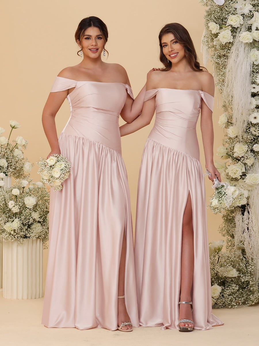 A-Line/Princess Off-the-Shoulder Ruched Long Bridesmaid Dresses With Side Slit & Pleats Blush Pink