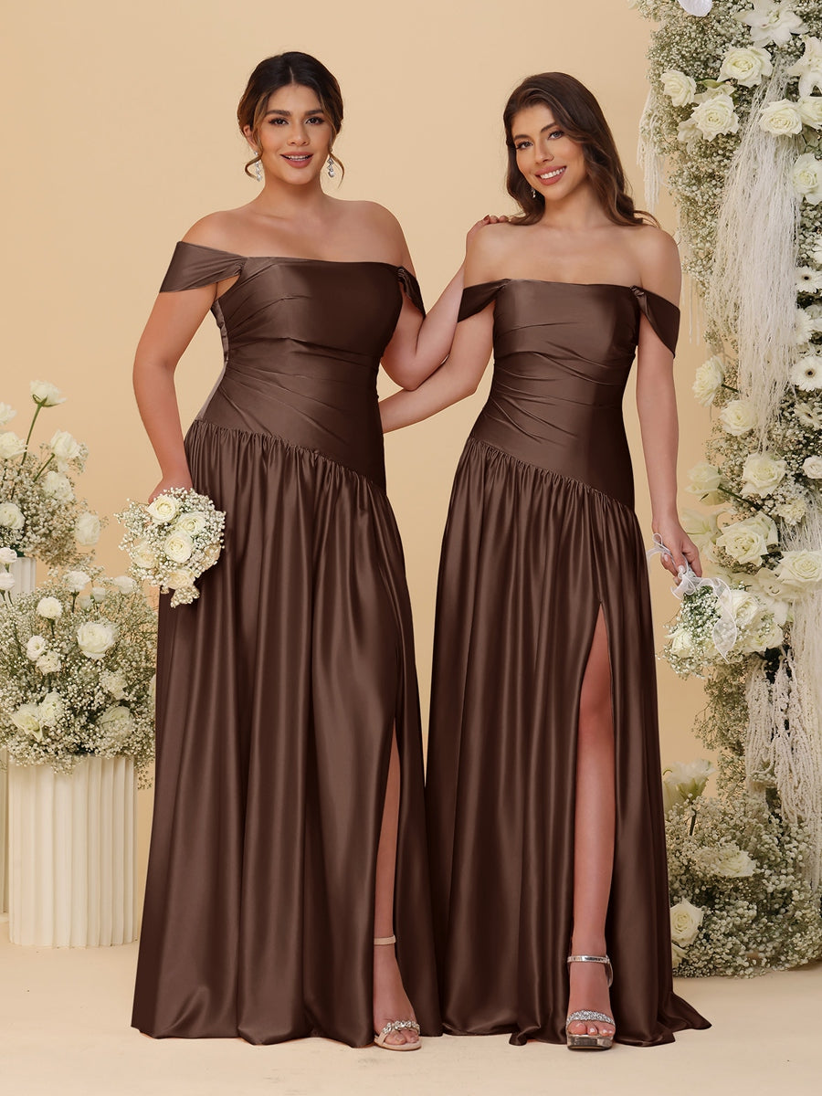 A-Line/Princess Off-the-Shoulder Ruched Long Bridesmaid Dresses With Side Slit & Pleats Brown