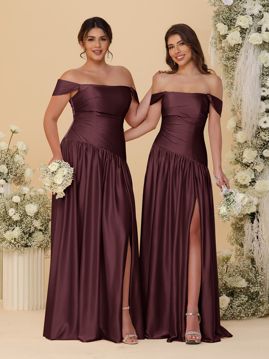 A-Line/Princess Off-the-Shoulder Ruched Long Bridesmaid Dresses With Side Slit & Pleats Burgundy