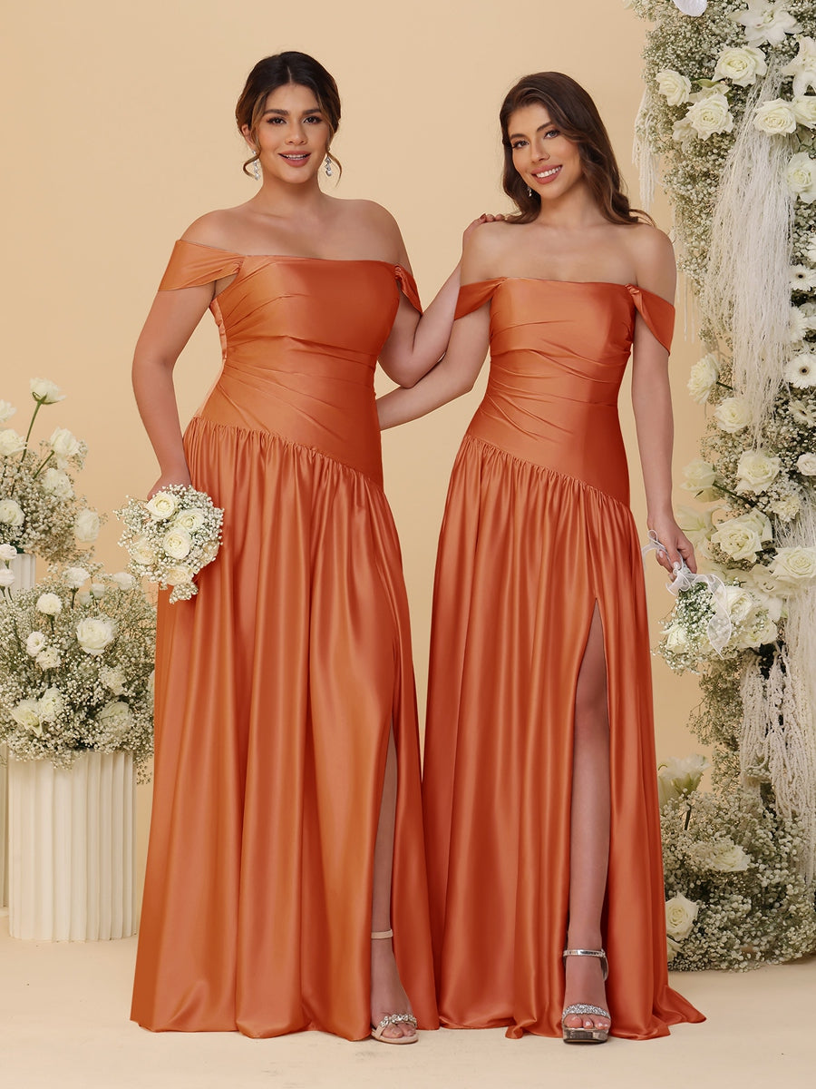 A-Line/Princess Off-the-Shoulder Ruched Long Bridesmaid Dresses With Side Slit & Pleats Burnt Orange