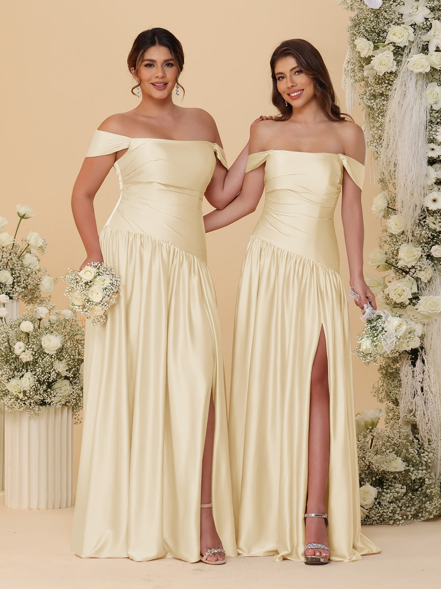 A-Line/Princess Off-the-Shoulder Ruched Long Bridesmaid Dresses With Side Slit & Pleats Champagne