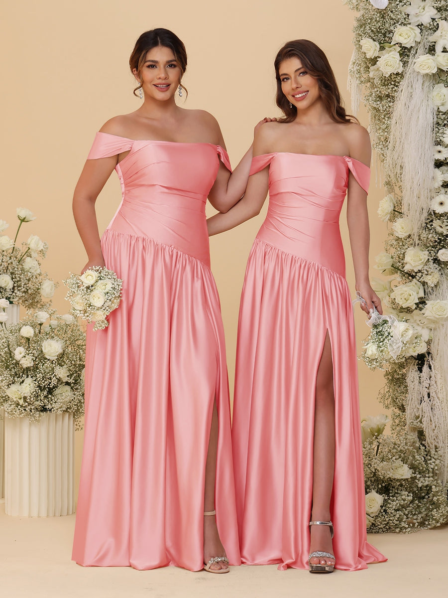 A-Line/Princess Off-the-Shoulder Ruched Long Bridesmaid Dresses With Side Slit & Pleats Coral