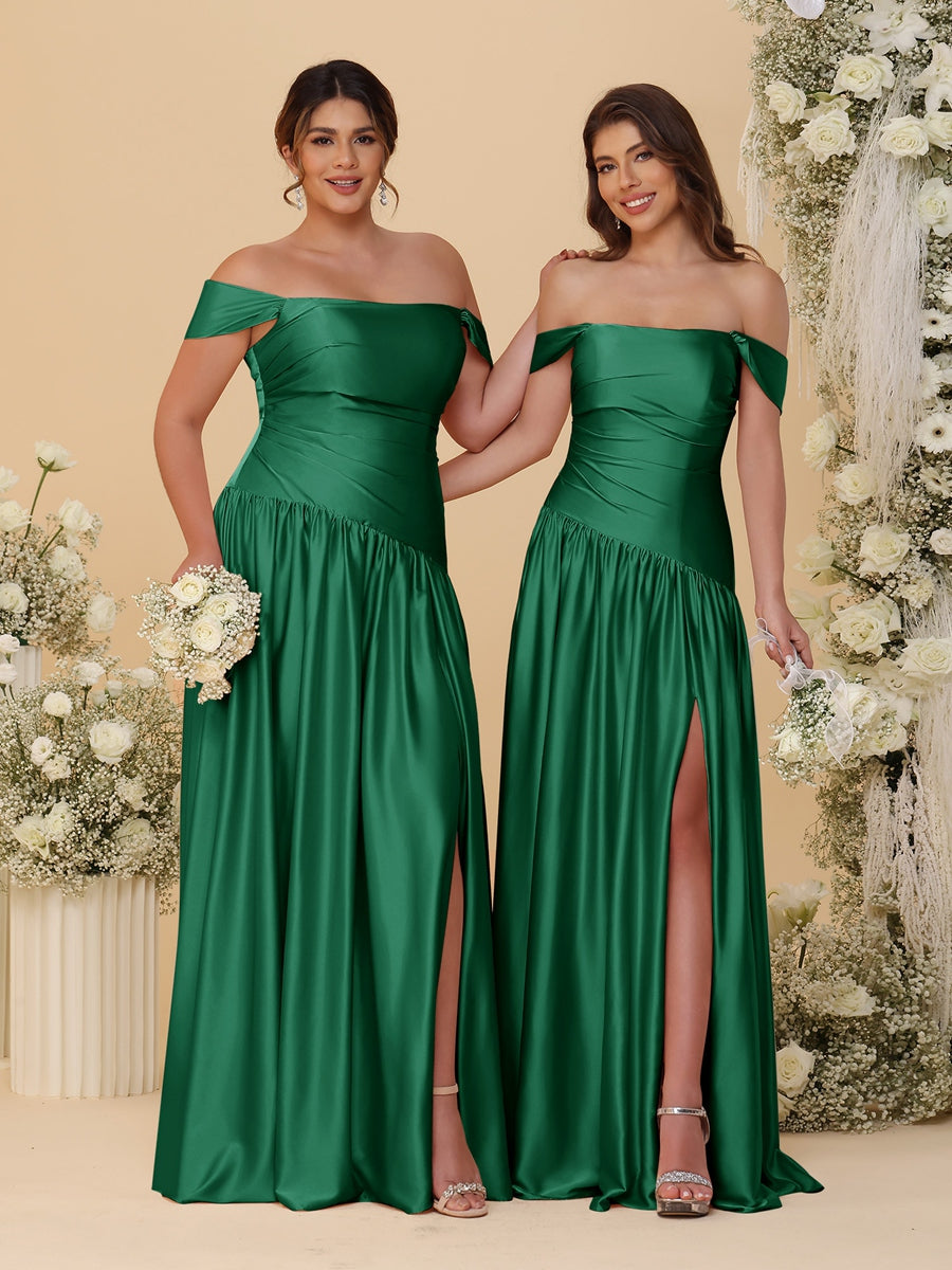 A-Line/Princess Off-the-Shoulder Ruched Long Bridesmaid Dresses With Side Slit & Pleats Dark Green