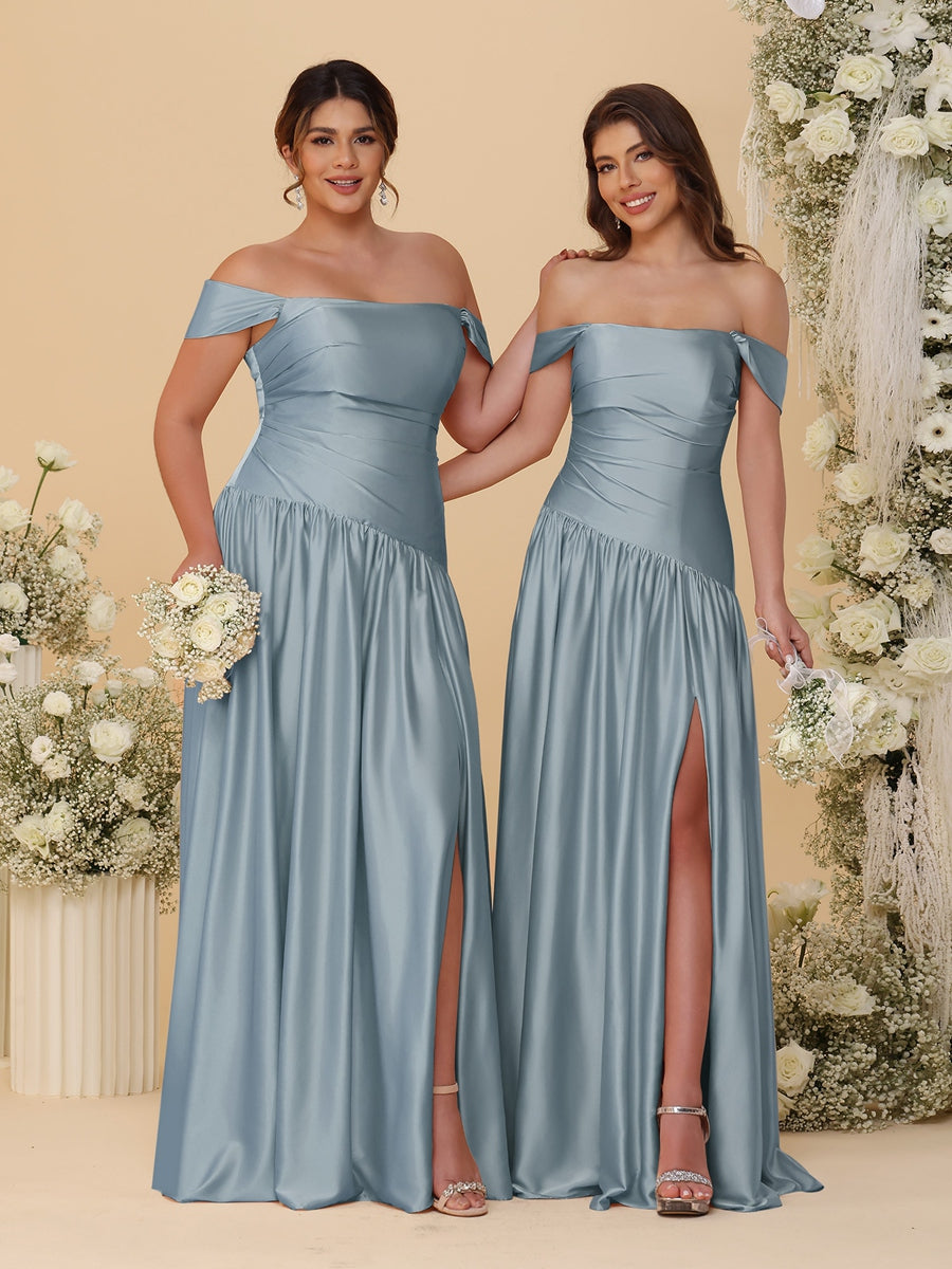 A-Line/Princess Off-the-Shoulder Ruched Long Bridesmaid Dresses With Side Slit & Pleats Dusty Blue