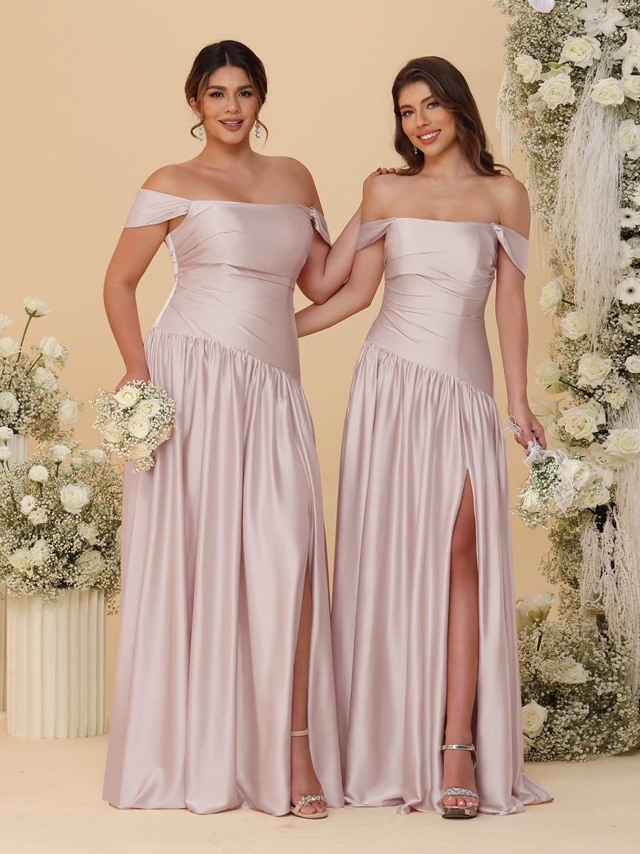 A-Line/Princess Off-the-Shoulder Ruched Long Bridesmaid Dresses With Side Slit & Pleats Dusty Pink