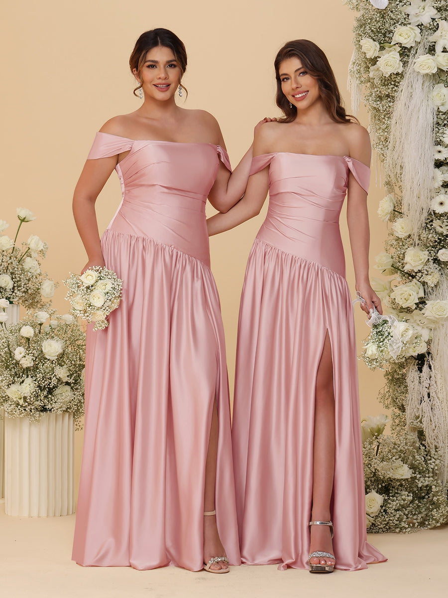 A-Line/Princess Off-the-Shoulder Ruched Long Bridesmaid Dresses With Side Slit & Pleats Dusty Rose
