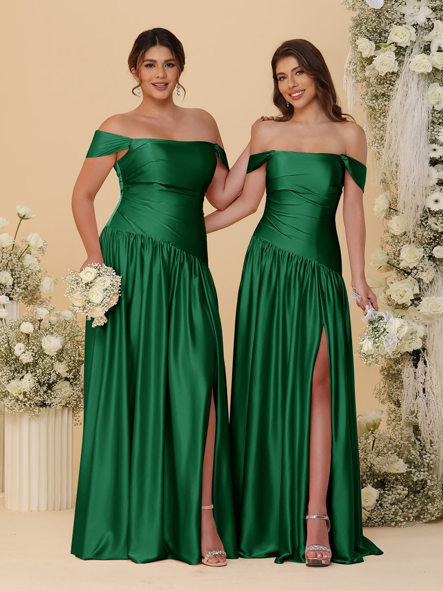 A-Line/Princess Off-the-Shoulder Ruched Long Bridesmaid Dresses With Side Slit & Pleats Emerald