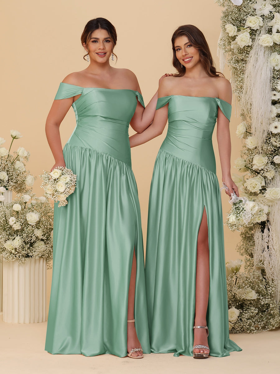 A-Line/Princess Off-the-Shoulder Ruched Long Bridesmaid Dresses With Side Slit & Pleats Eucalyptus