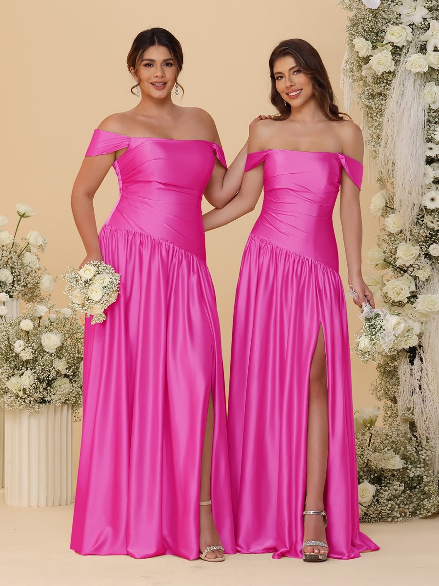 A-Line/Princess Off-the-Shoulder Ruched Long Bridesmaid Dresses With Side Slit & Pleats Fuchsia