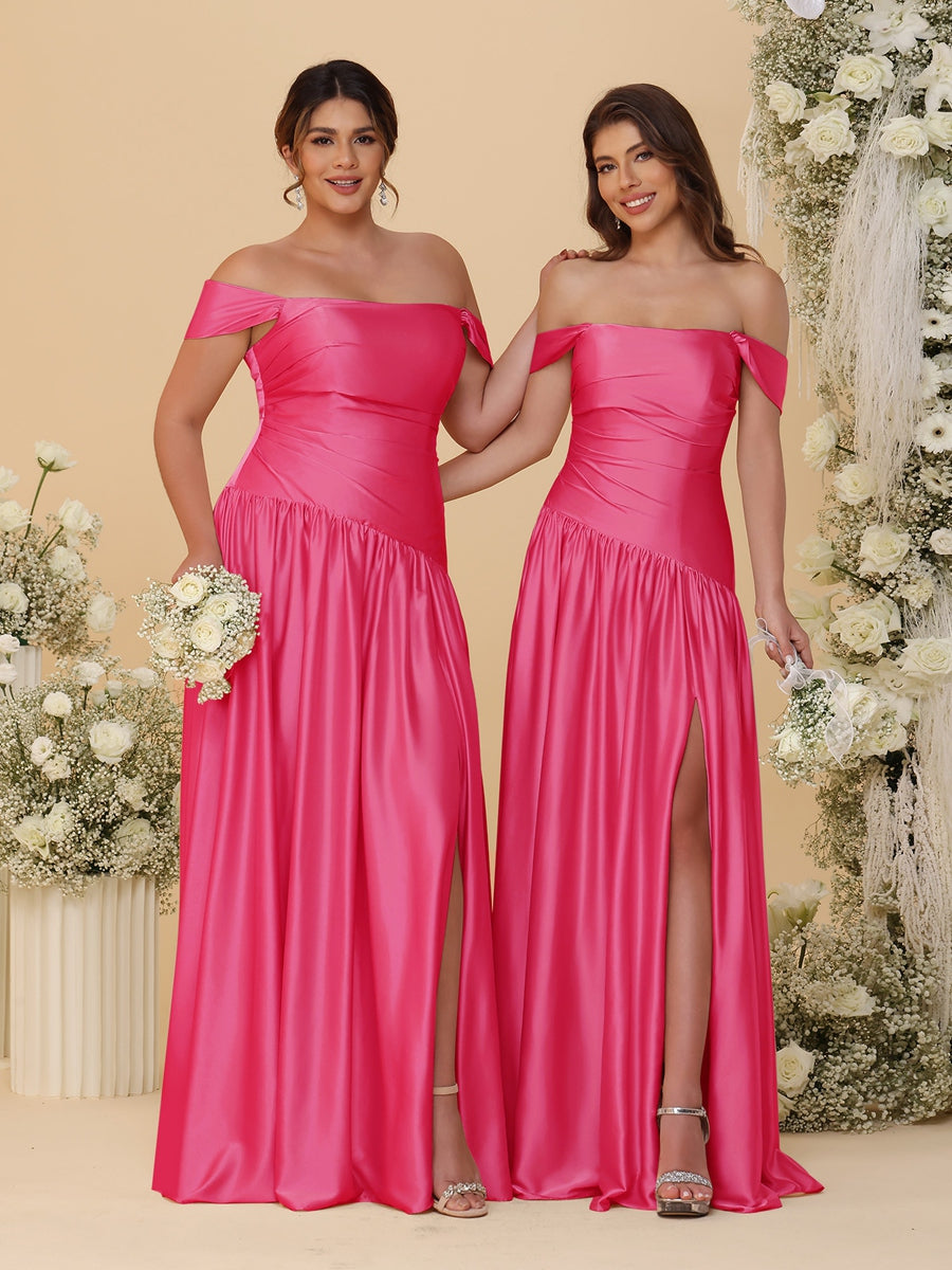 A-Line/Princess Off-the-Shoulder Ruched Long Bridesmaid Dresses With Side Slit & Pleats Fuchsia Pink
