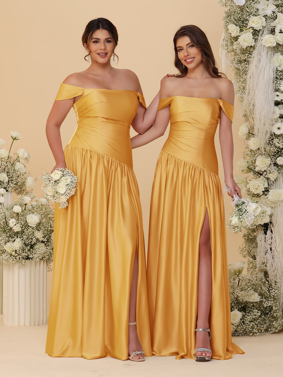A-Line/Princess Off-the-Shoulder Ruched Long Bridesmaid Dresses With Side Slit & Pleats Gold