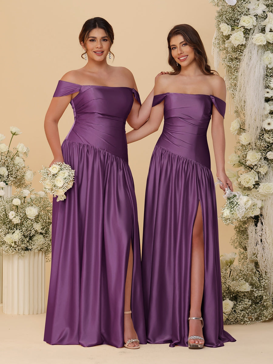 A-Line/Princess Off-the-Shoulder Ruched Long Bridesmaid Dresses With Side Slit & Pleats Grape