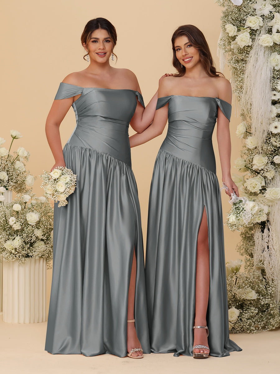 A-Line/Princess Off-the-Shoulder Ruched Long Bridesmaid Dresses With Side Slit & Pleats Gray