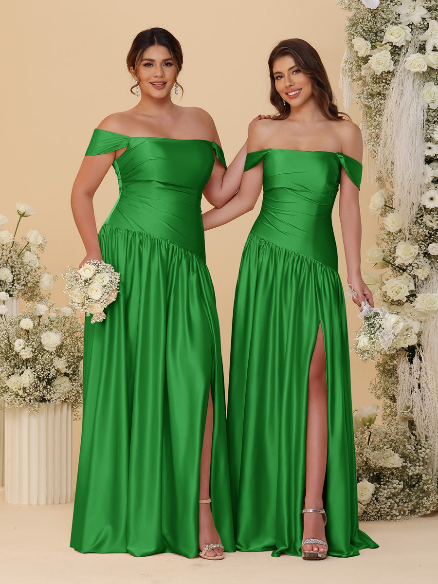A-Line/Princess Off-the-Shoulder Ruched Long Bridesmaid Dresses With Side Slit & Pleats Green
