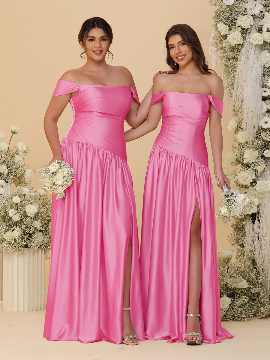A-Line/Princess Off-the-Shoulder Ruched Long Bridesmaid Dresses With Side Slit & Pleats Hot Pink