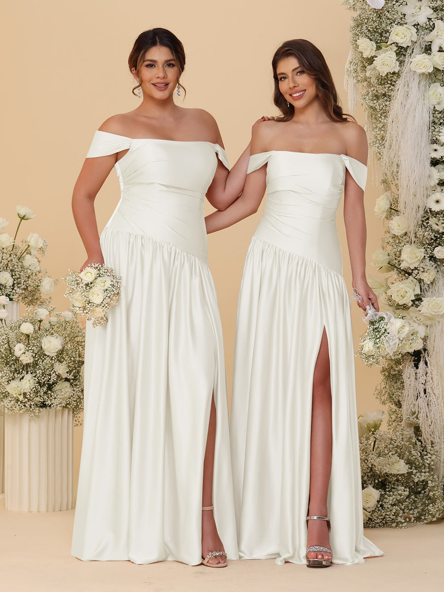 A-Line/Princess Off-the-Shoulder Ruched Long Bridesmaid Dresses With Side Slit & Pleats Ivory