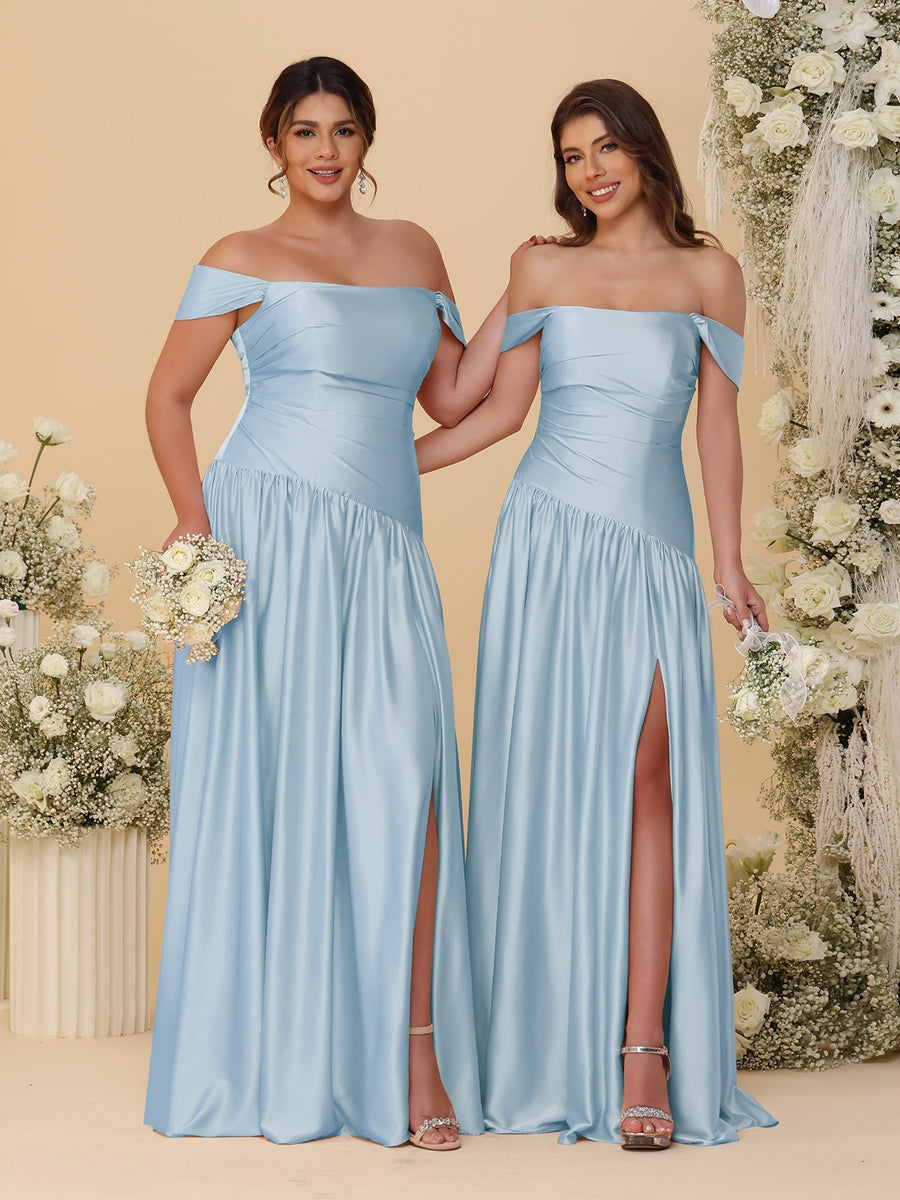 A-Line/Princess Off-the-Shoulder Ruched Long Bridesmaid Dresses With Side Slit & Pleats Lavender
