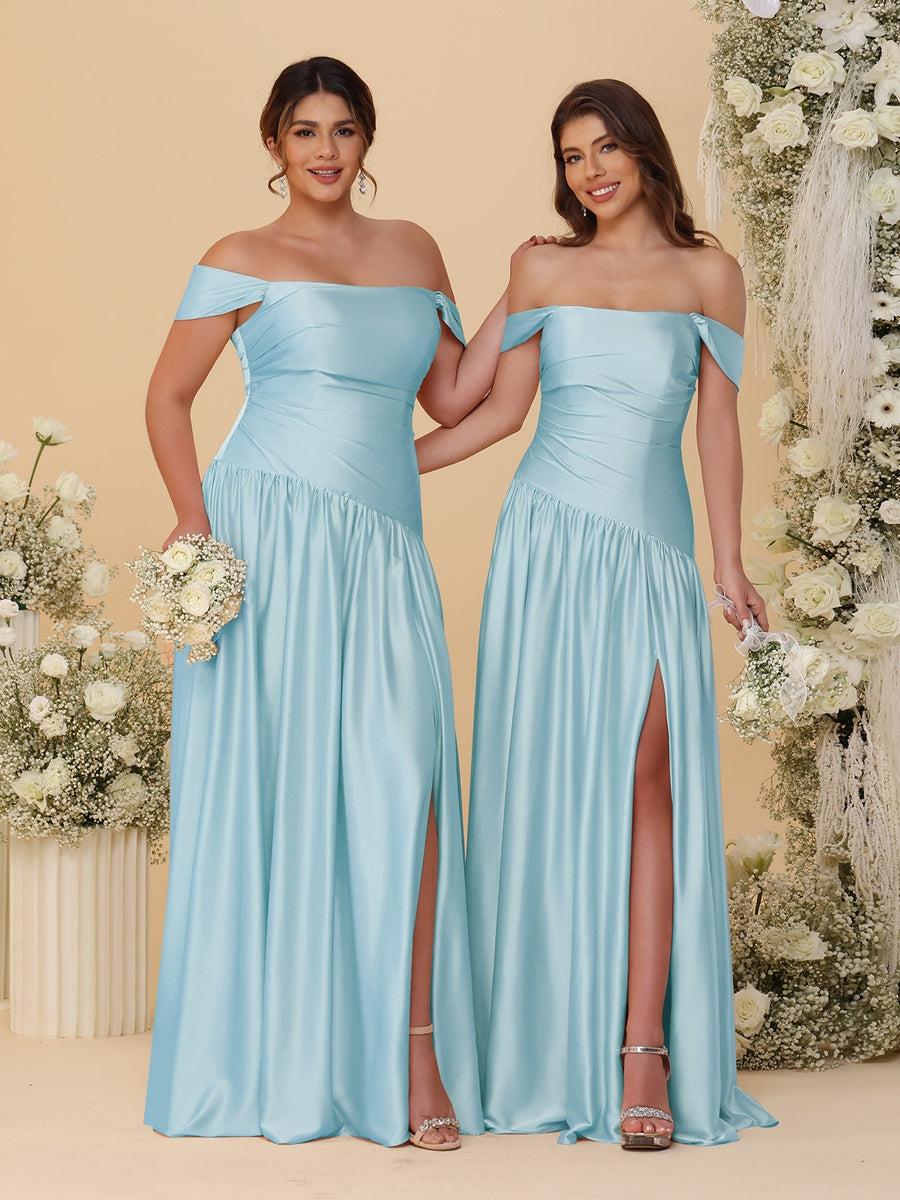 A-Line/Princess Off-the-Shoulder Ruched Long Bridesmaid Dresses With Side Slit & Pleats Light Blue