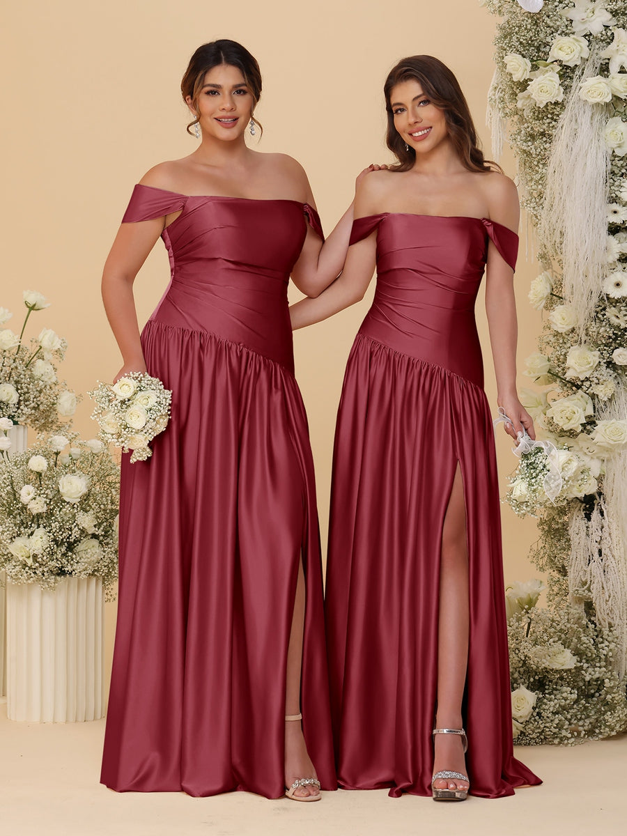 A-Line/Princess Off-the-Shoulder Ruched Long Bridesmaid Dresses With Side Slit & Pleats Light Burgundy
