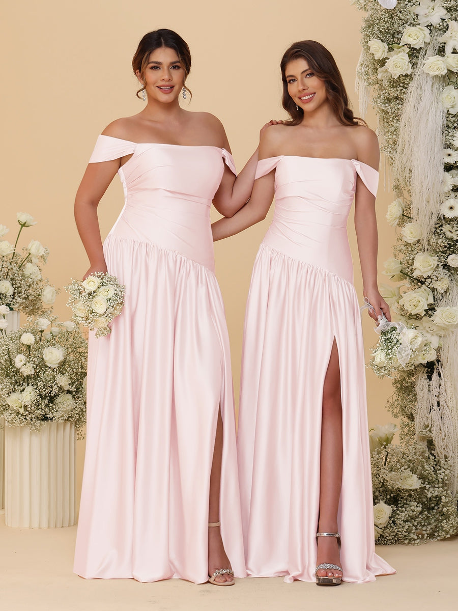 A-Line/Princess Off-the-Shoulder Ruched Long Bridesmaid Dresses With Side Slit & Pleats Light Pink