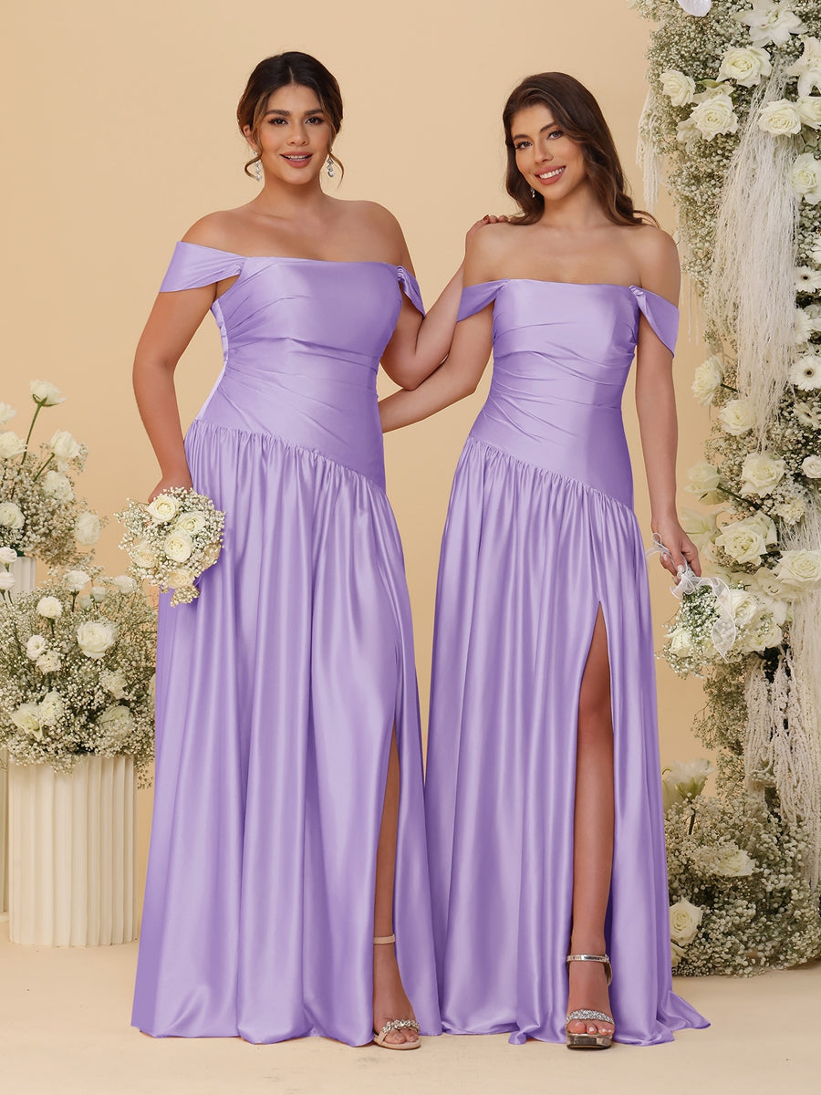 A-Line/Princess Off-the-Shoulder Ruched Long Bridesmaid Dresses With Side Slit & Pleats Light Purple