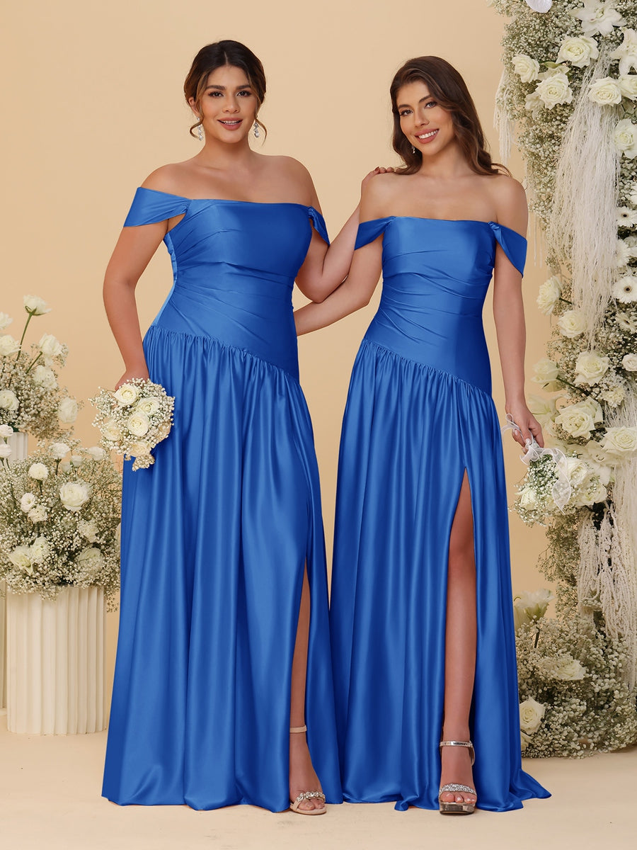A-Line/Princess Off-the-Shoulder Ruched Long Bridesmaid Dresses With Side Slit & Pleats Light Royal Blue