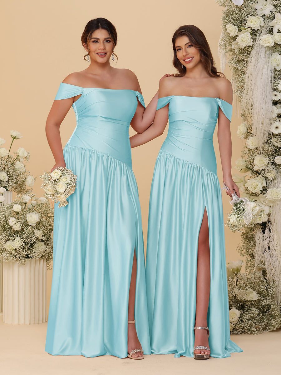 A-Line/Princess Off-the-Shoulder Ruched Long Bridesmaid Dresses With Side Slit & Pleats Light Sky Blue
