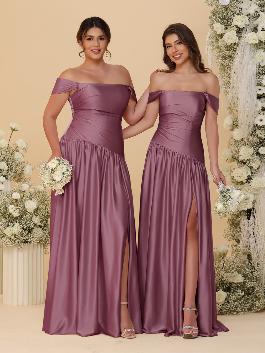 A-Line/Princess Off-the-Shoulder Ruched Long Bridesmaid Dresses With Side Slit & Pleats Mulberry