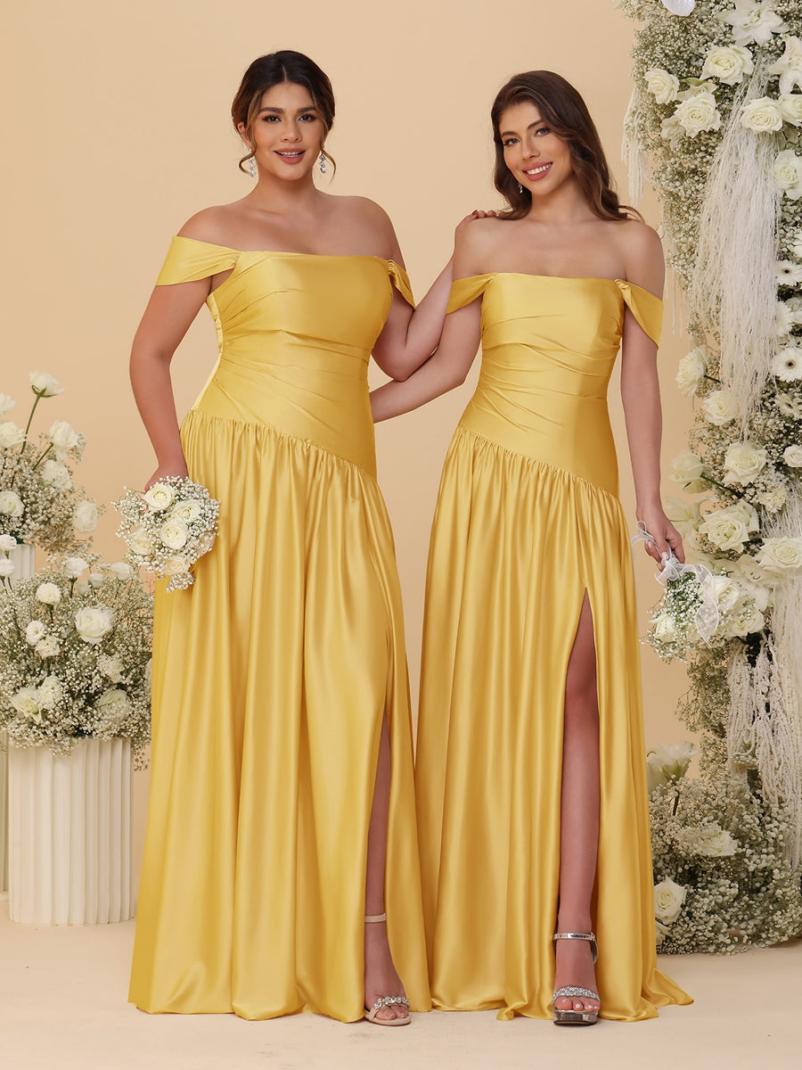 A-Line/Princess Off-the-Shoulder Ruched Long Bridesmaid Dresses With Side Slit & Pleats Mustard Yellow