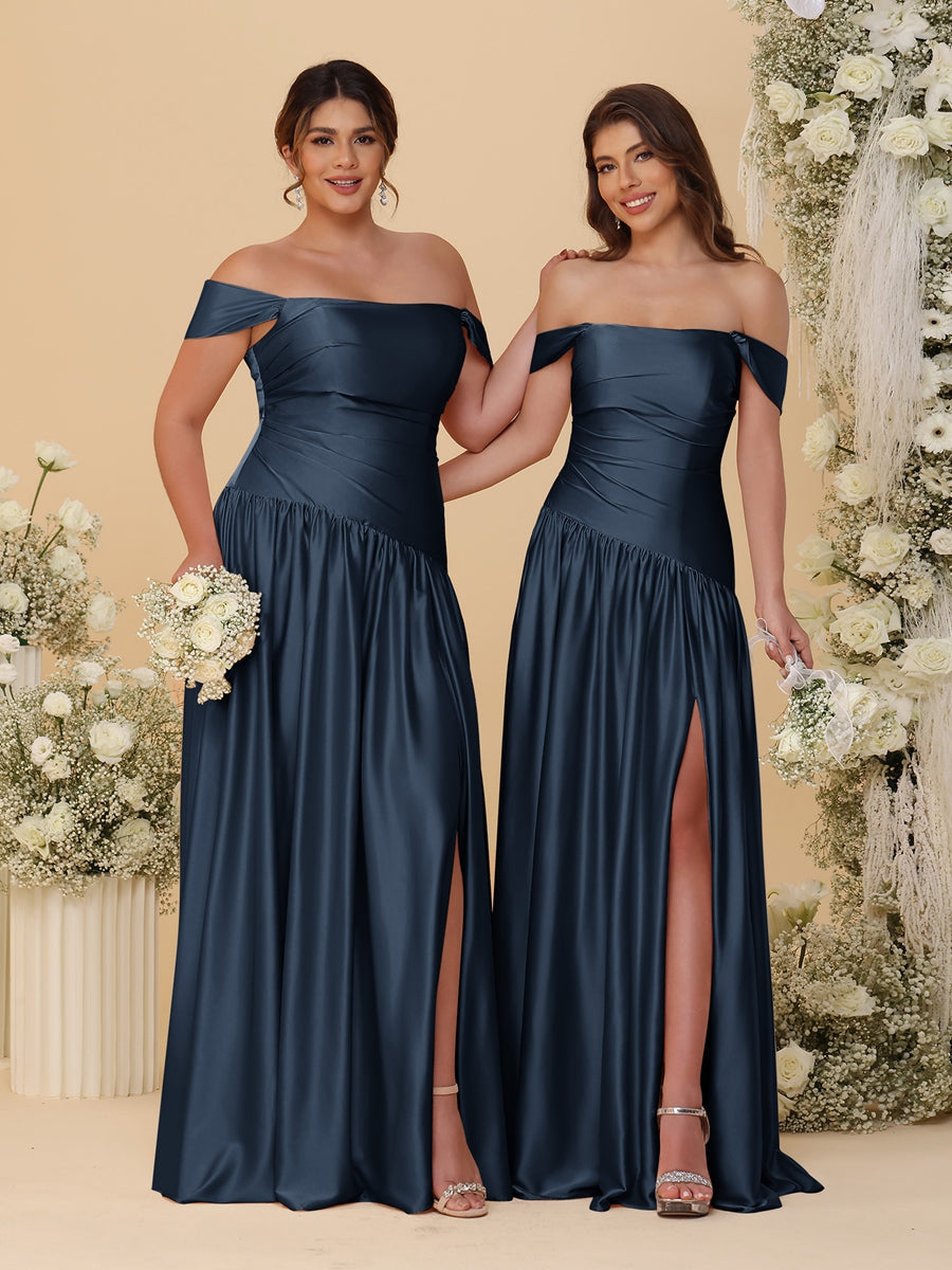 A-Line/Princess Off-the-Shoulder Ruched Long Bridesmaid Dresses With Side Slit & Pleats Navy Blue