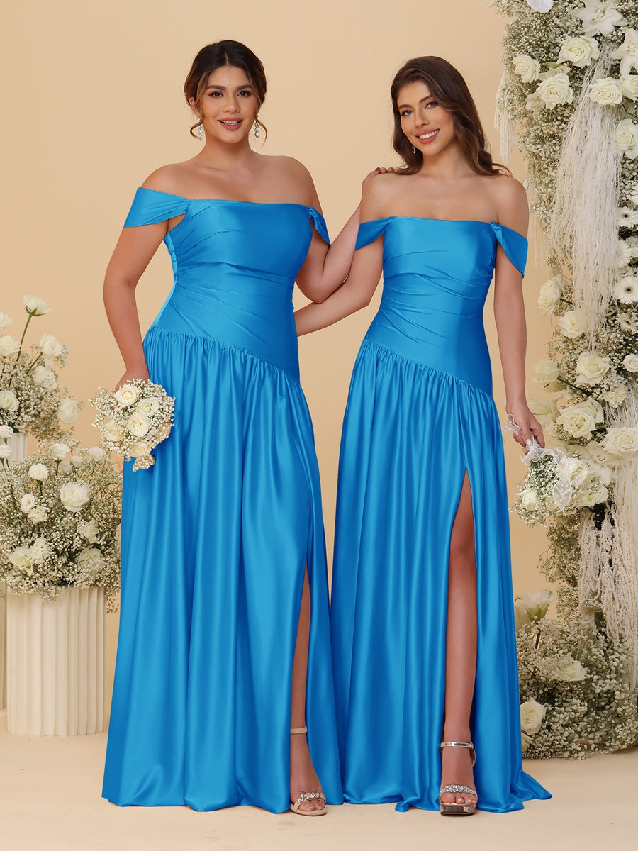 A-Line/Princess Off-the-Shoulder Ruched Long Bridesmaid Dresses With Side Slit & Pleats Ocean Blue