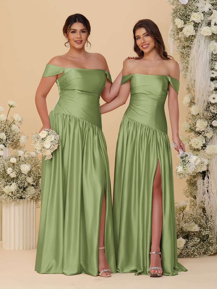 A-Line/Princess Off-the-Shoulder Ruched Long Bridesmaid Dresses With Side Slit & Pleats Olive Green