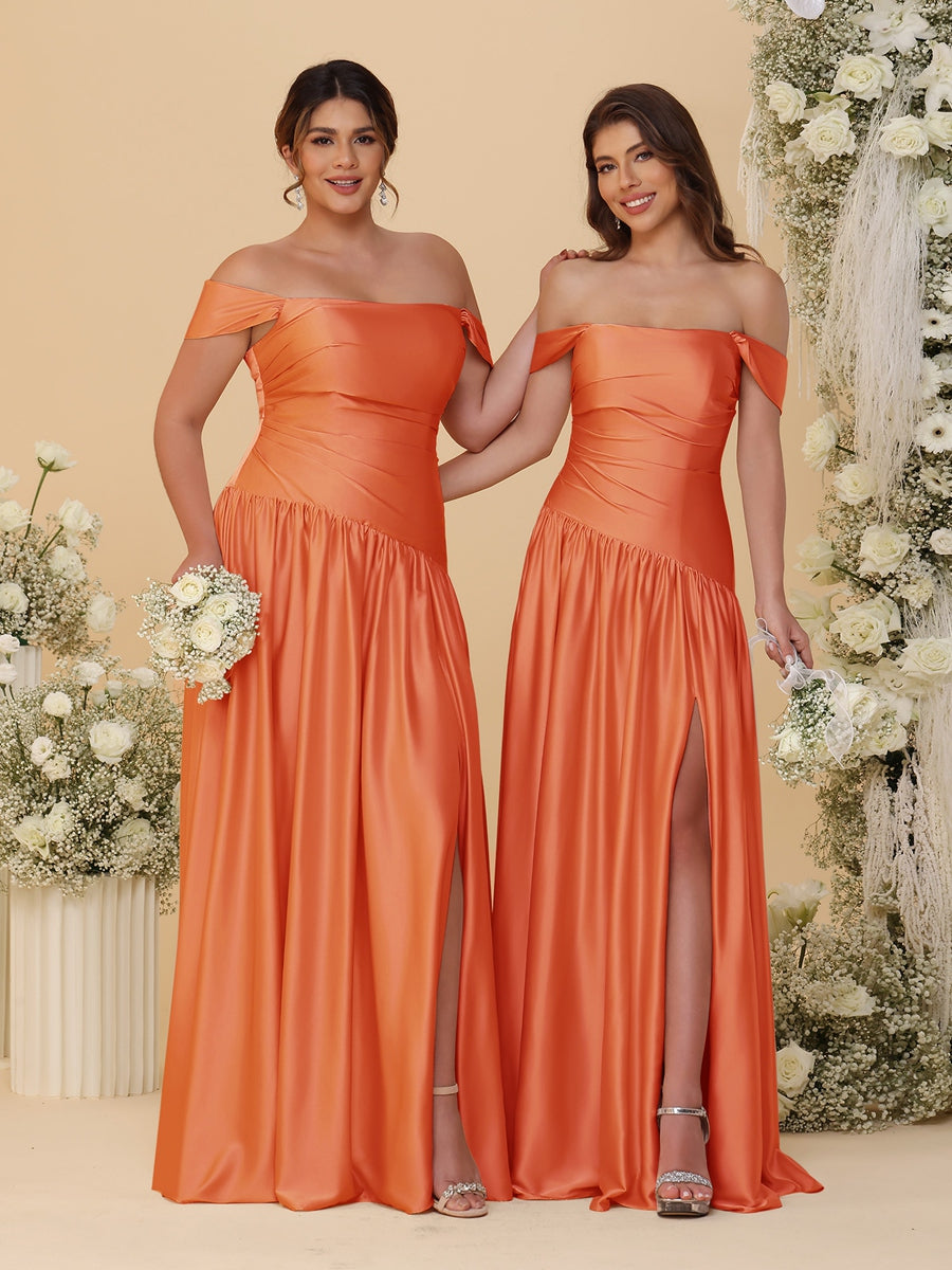 A-Line/Princess Off-the-Shoulder Ruched Long Bridesmaid Dresses With Side Slit & Pleats Orange