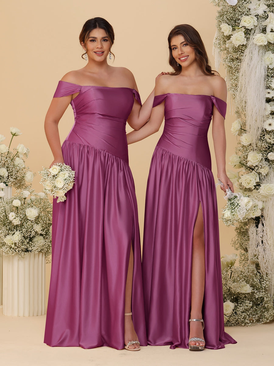 A-Line/Princess Off-the-Shoulder Ruched Long Bridesmaid Dresses With Side Slit & Pleats Orchid