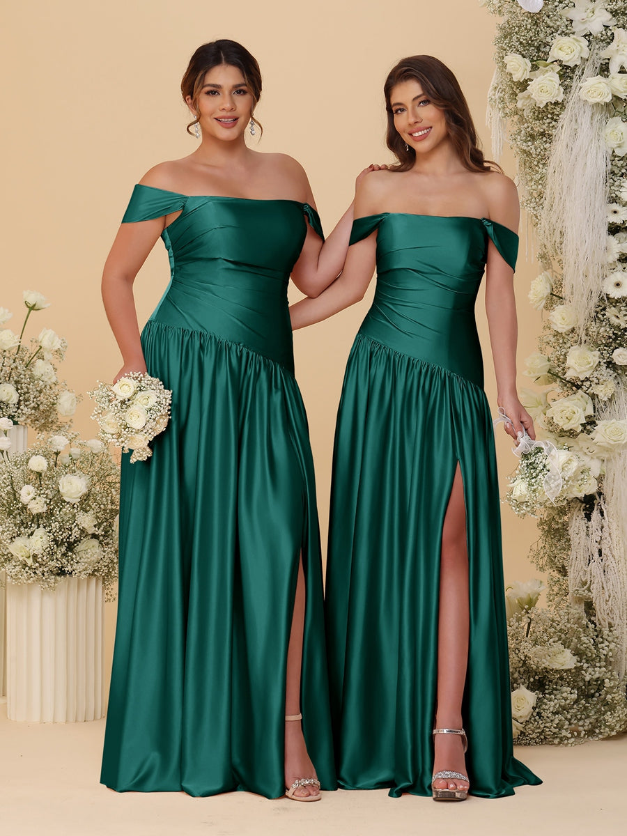 A-Line/Princess Off-the-Shoulder Ruched Long Bridesmaid Dresses With Side Slit & Pleats Peacock