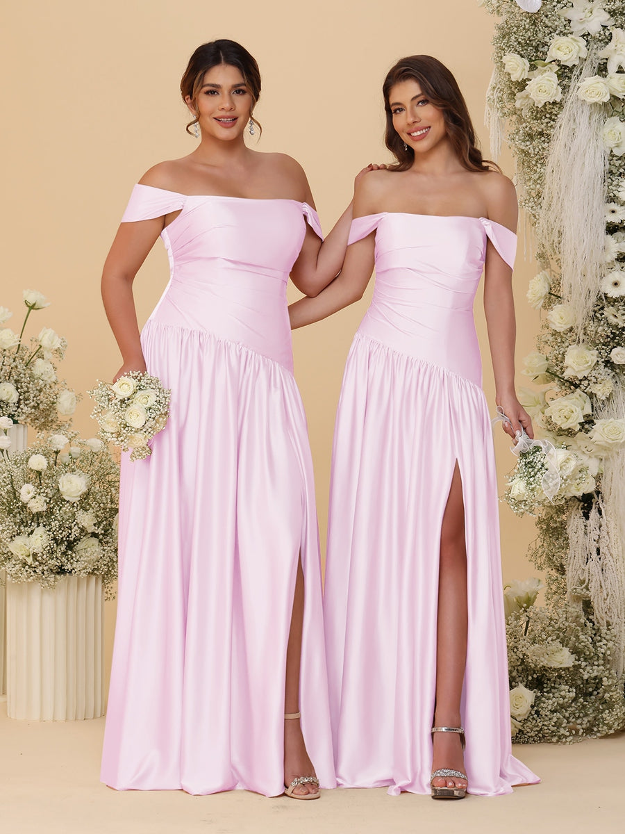A-Line/Princess Off-the-Shoulder Ruched Long Bridesmaid Dresses With Side Slit & Pleats Pink