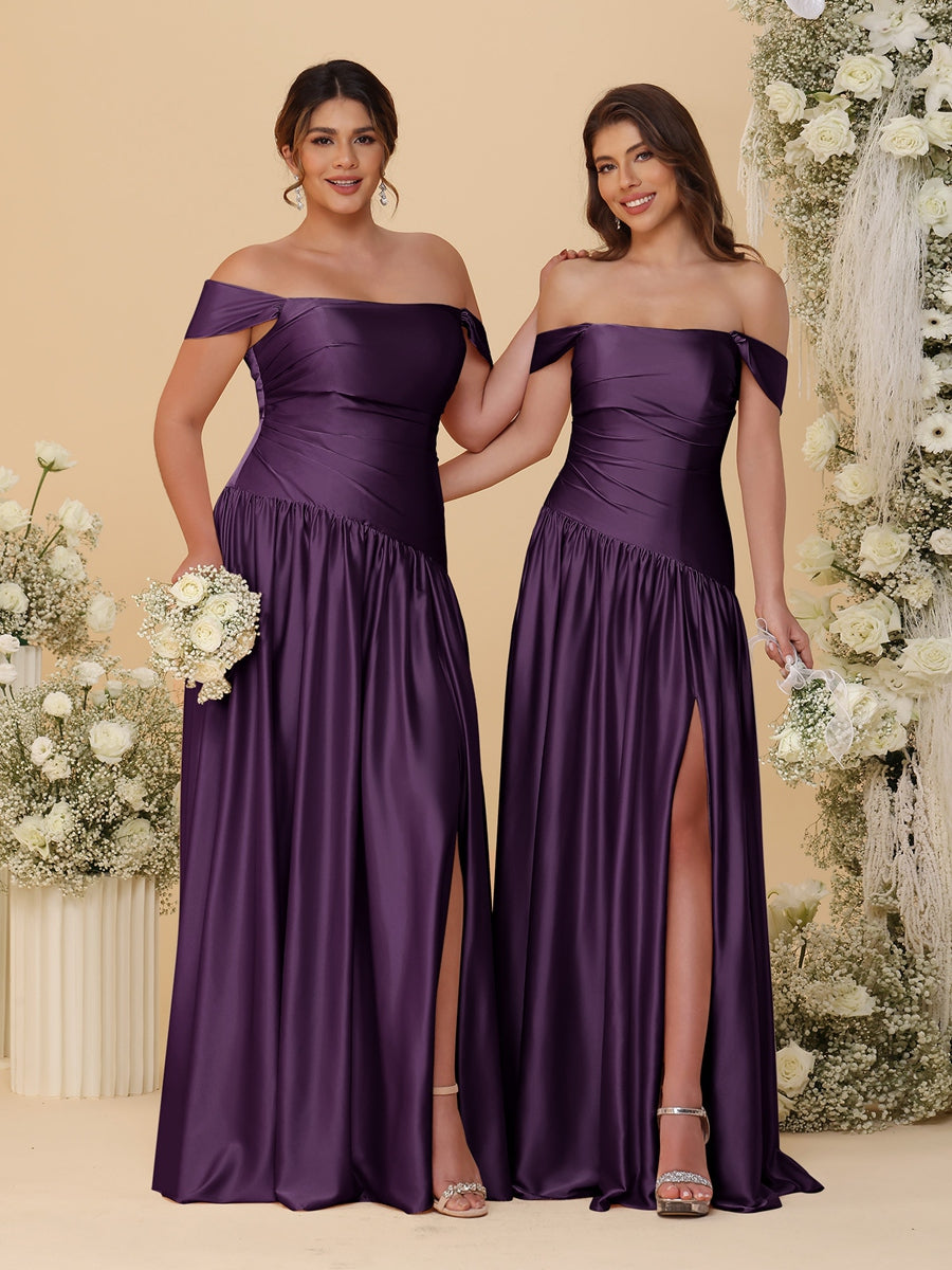 A-Line/Princess Off-the-Shoulder Ruched Long Bridesmaid Dresses With Side Slit & Pleats Plum