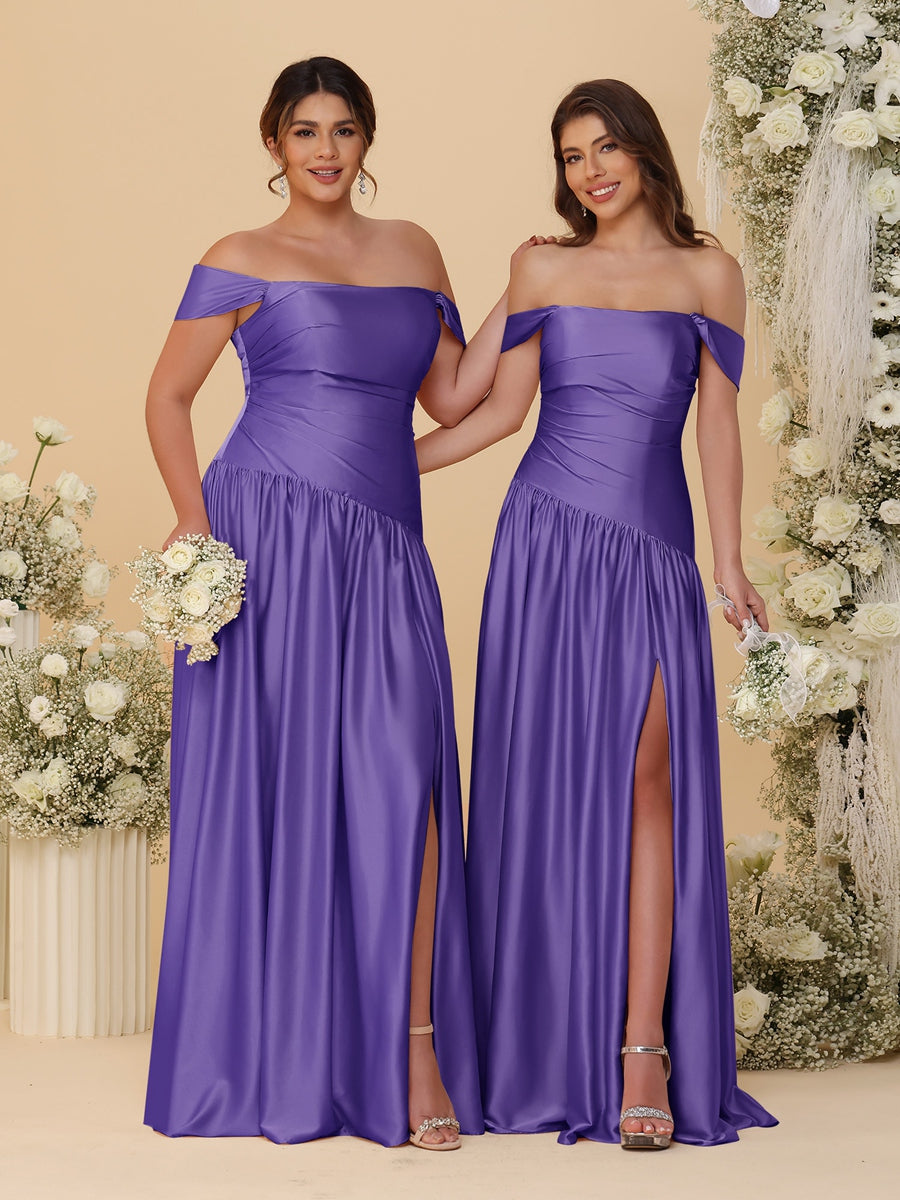 A-Line/Princess Off-the-Shoulder Ruched Long Bridesmaid Dresses With Side Slit & Pleats Purple