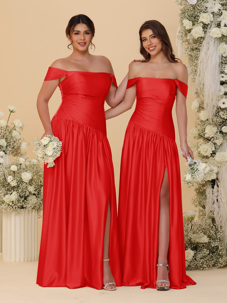 A-Line/Princess Off-the-Shoulder Ruched Long Bridesmaid Dresses With Side Slit & Pleats Red