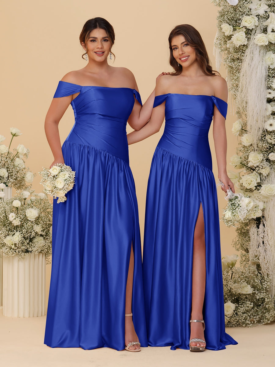 A-Line/Princess Off-the-Shoulder Ruched Long Bridesmaid Dresses With Side Slit & Pleats Royal Blue