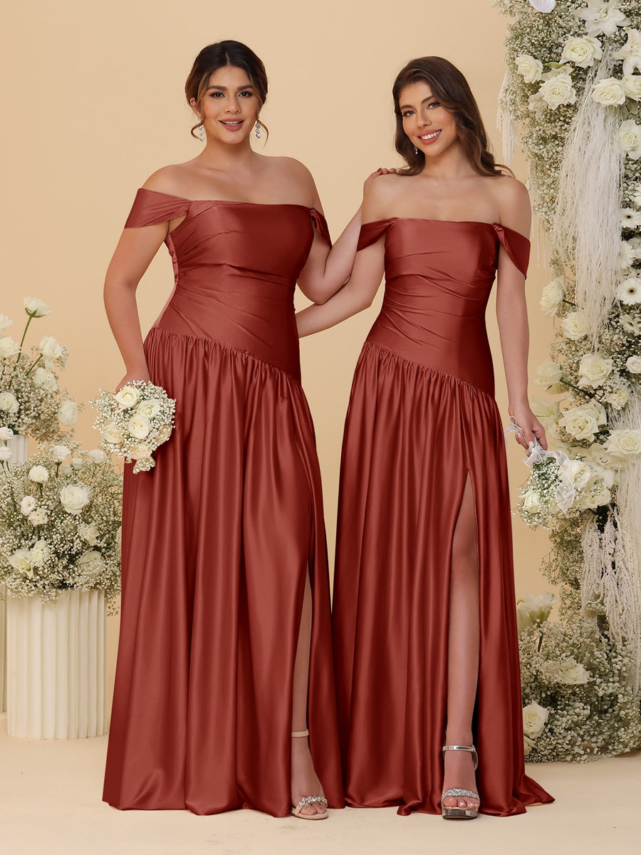 A-Line/Princess Off-the-Shoulder Ruched Long Bridesmaid Dresses With Side Slit & Pleats Rust
