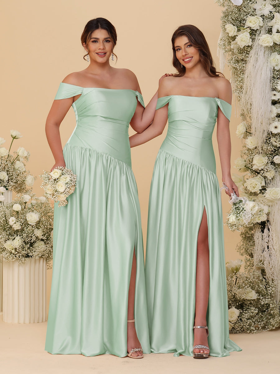 A-Line/Princess Off-the-Shoulder Ruched Long Bridesmaid Dresses With Side Slit & Pleats Sage