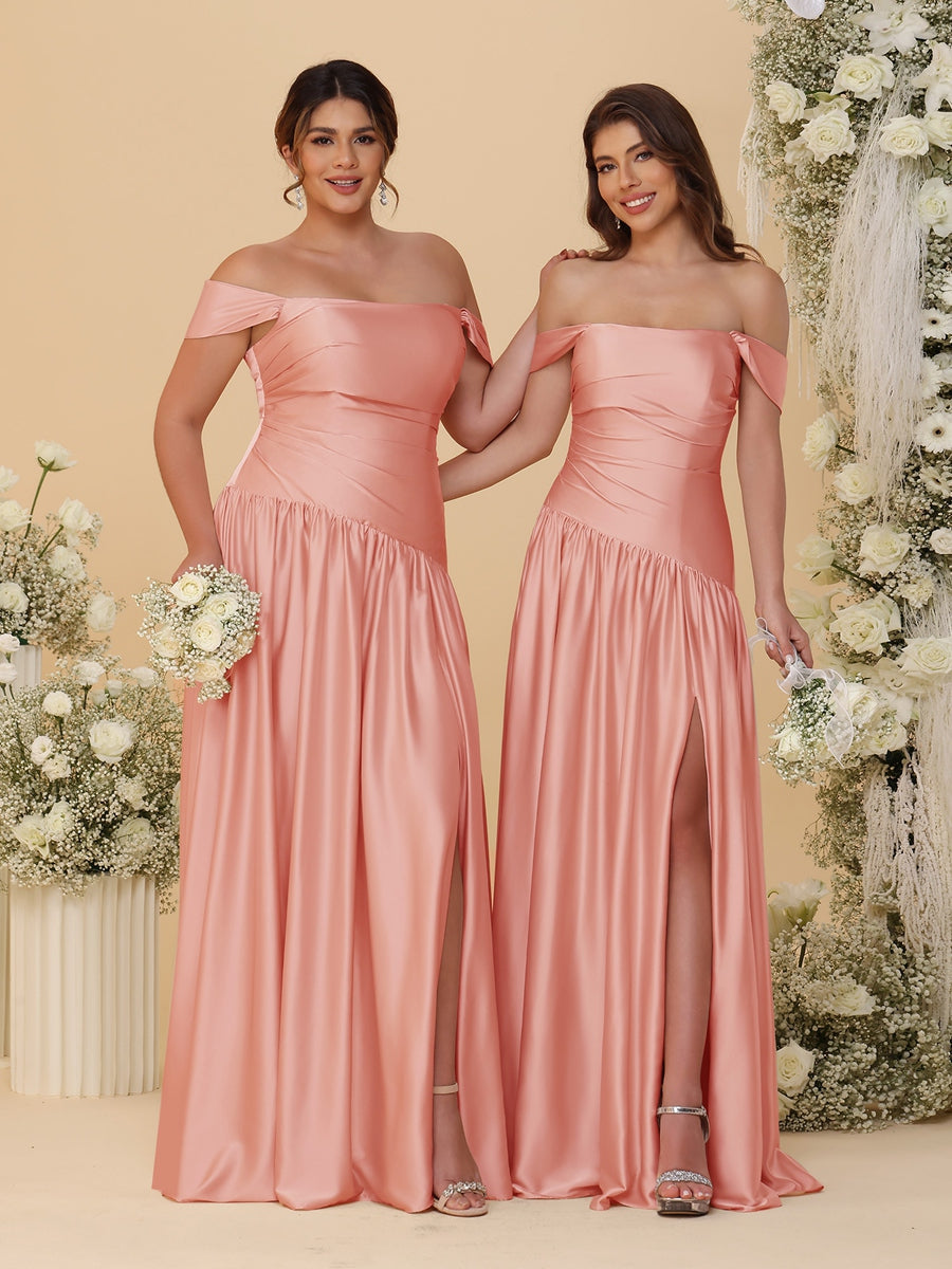 A-Line/Princess Off-the-Shoulder Ruched Long Bridesmaid Dresses With Side Slit & Pleats Salmon