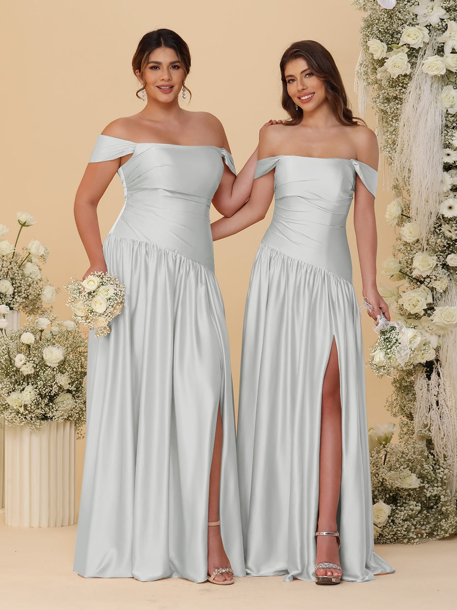 A-Line/Princess Off-the-Shoulder Ruched Long Bridesmaid Dresses With Side Slit & Pleats Silver