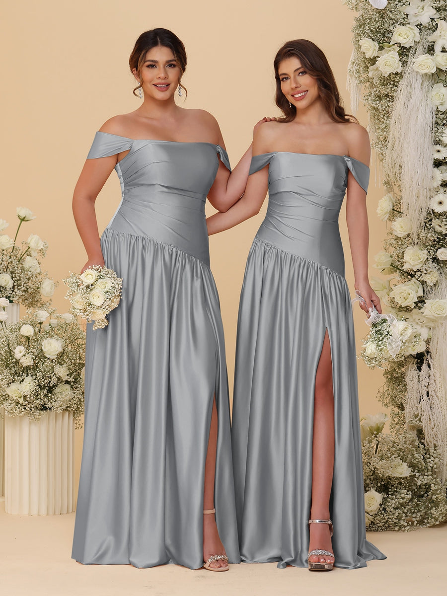 A-Line/Princess Off-the-Shoulder Ruched Long Bridesmaid Dresses With Side Slit & Pleats Silver Gray