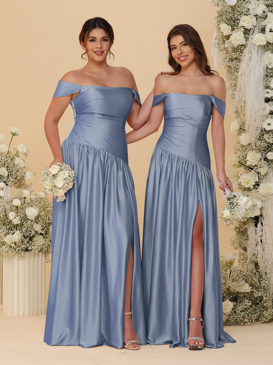 A-Line/Princess Off-the-Shoulder Ruched Long Bridesmaid Dresses With Side Slit & Pleats Steel Blue