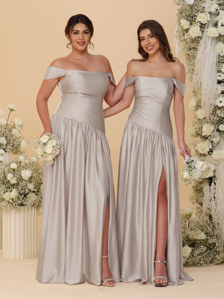 A-Line/Princess Off-the-Shoulder Ruched Long Bridesmaid Dresses With Side Slit & Pleats Taupe