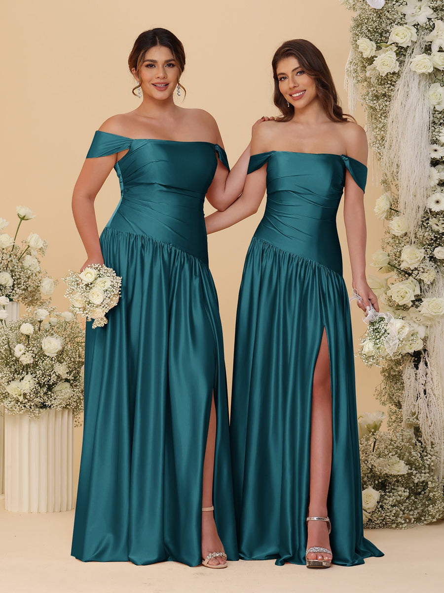 A-Line/Princess Off-the-Shoulder Ruched Long Bridesmaid Dresses With Side Slit & Pleats Teal