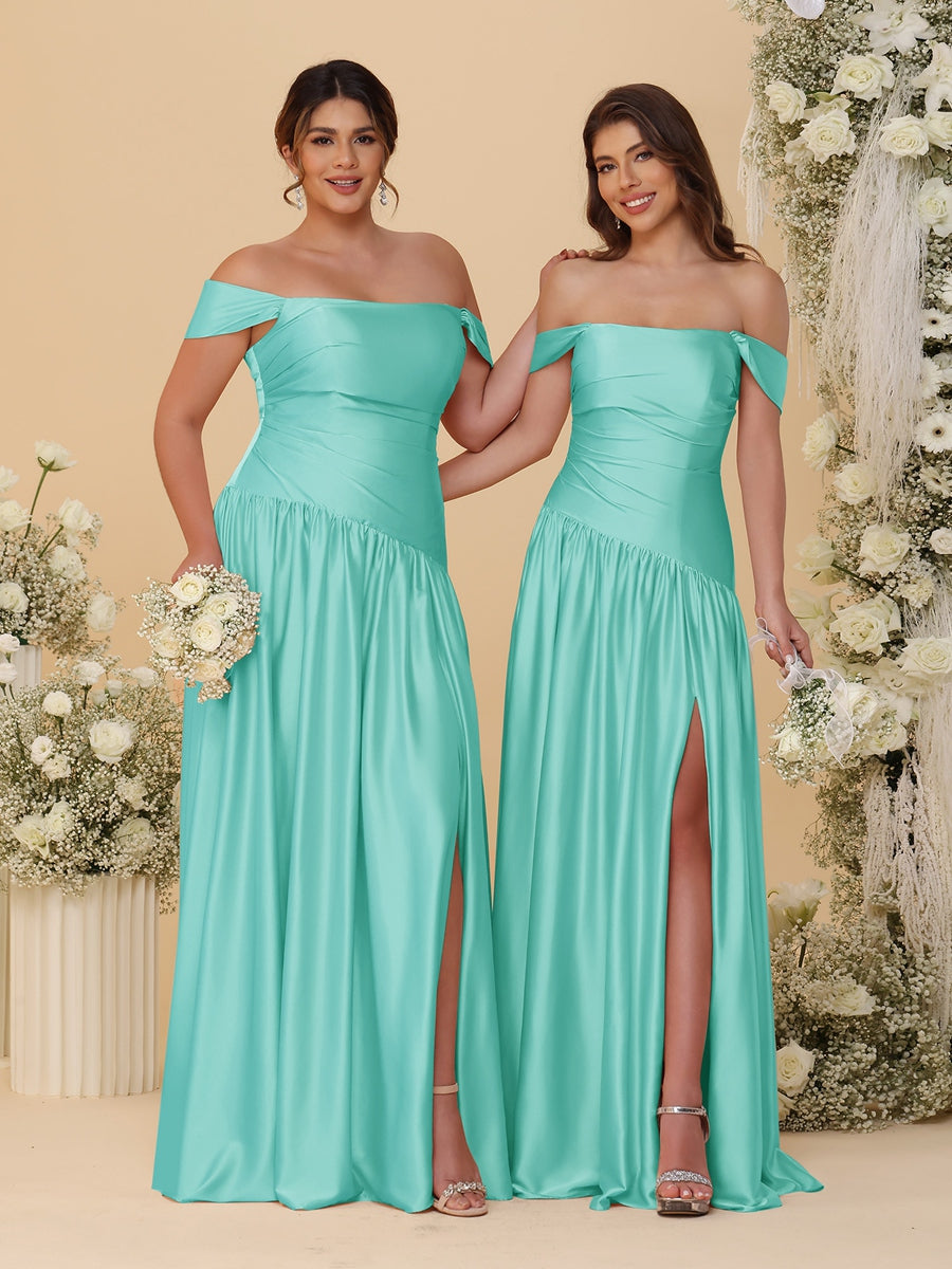 A-Line/Princess Off-the-Shoulder Ruched Long Bridesmaid Dresses With Side Slit & Pleats Turquoise